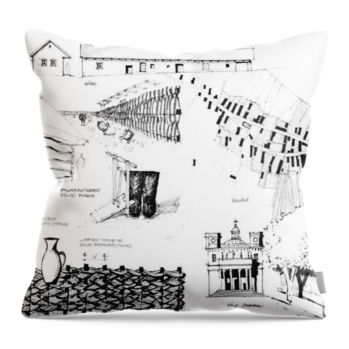 Sustainability Throw Pillow featuring the drawing 6.45.Hungary-5-detail-a by Charlie Szoradi
