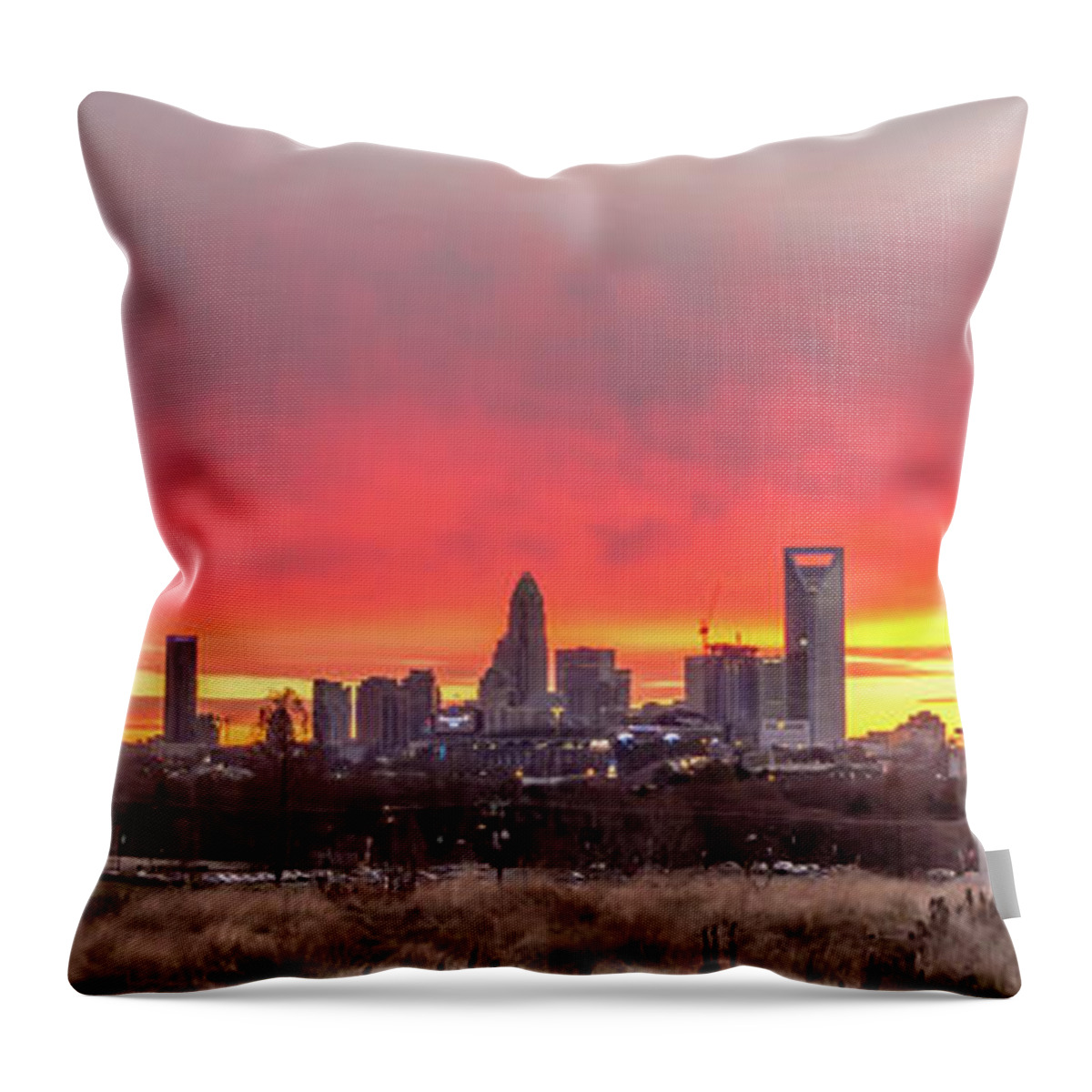Red Throw Pillow featuring the photograph Charlotte The Queen City Skyline At Sunrise #7 by Alex Grichenko