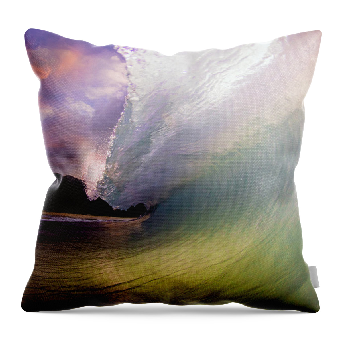 Barrel Waves Ocean Shorebreak West Side Oahu Mountains Sunset Clouds Throw Pillow featuring the photograph In The Tube #7 by James Roemmling