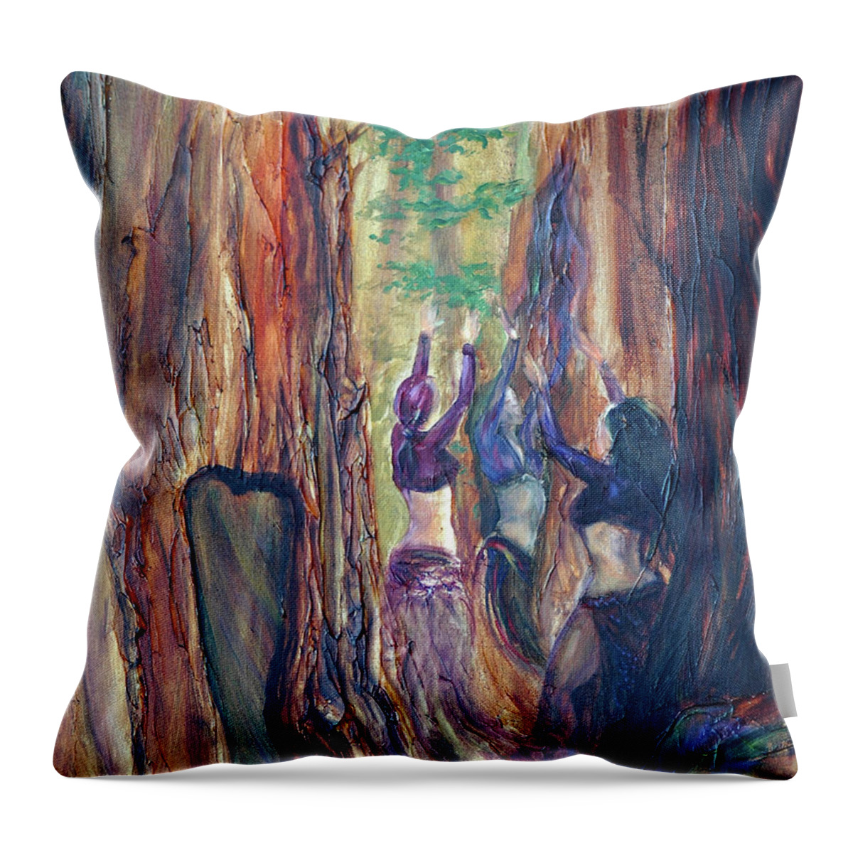 Face Mask Throw Pillow featuring the painting Forest Dancers by Sofanya White