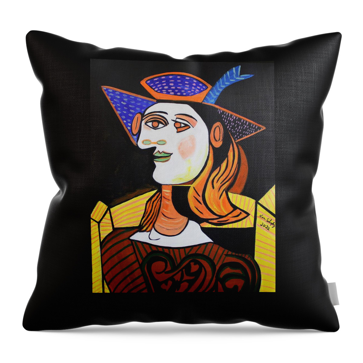 Picasso By Nora Throw Pillow featuring the painting Hair Net Picasso by Nora Shepley