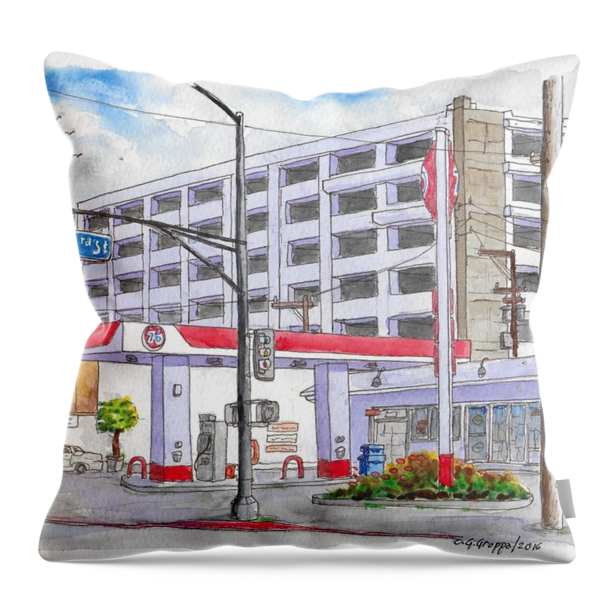 76 Gas Station Throw Pillow featuring the painting 76 Gas Station in 3rd Street and Robertson Blvd, Beverly Hills, California by Carlos G Groppa
