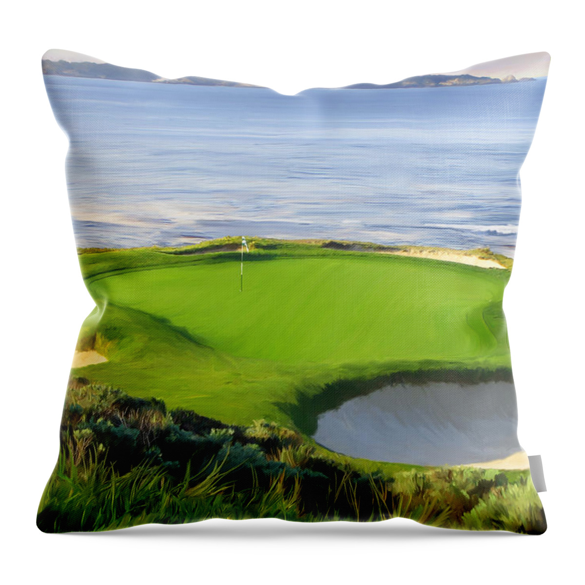 Th Hole Throw Pillow featuring the painting 7th Hole At Pebble Beach Ver by Tim Gilliland