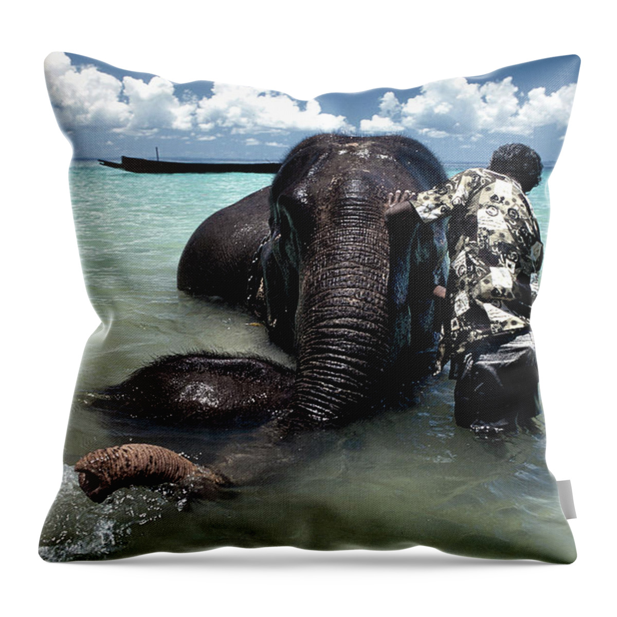 Swim Throw Pillow featuring the photograph Swimming elephants #8 by Olivier Blaise
