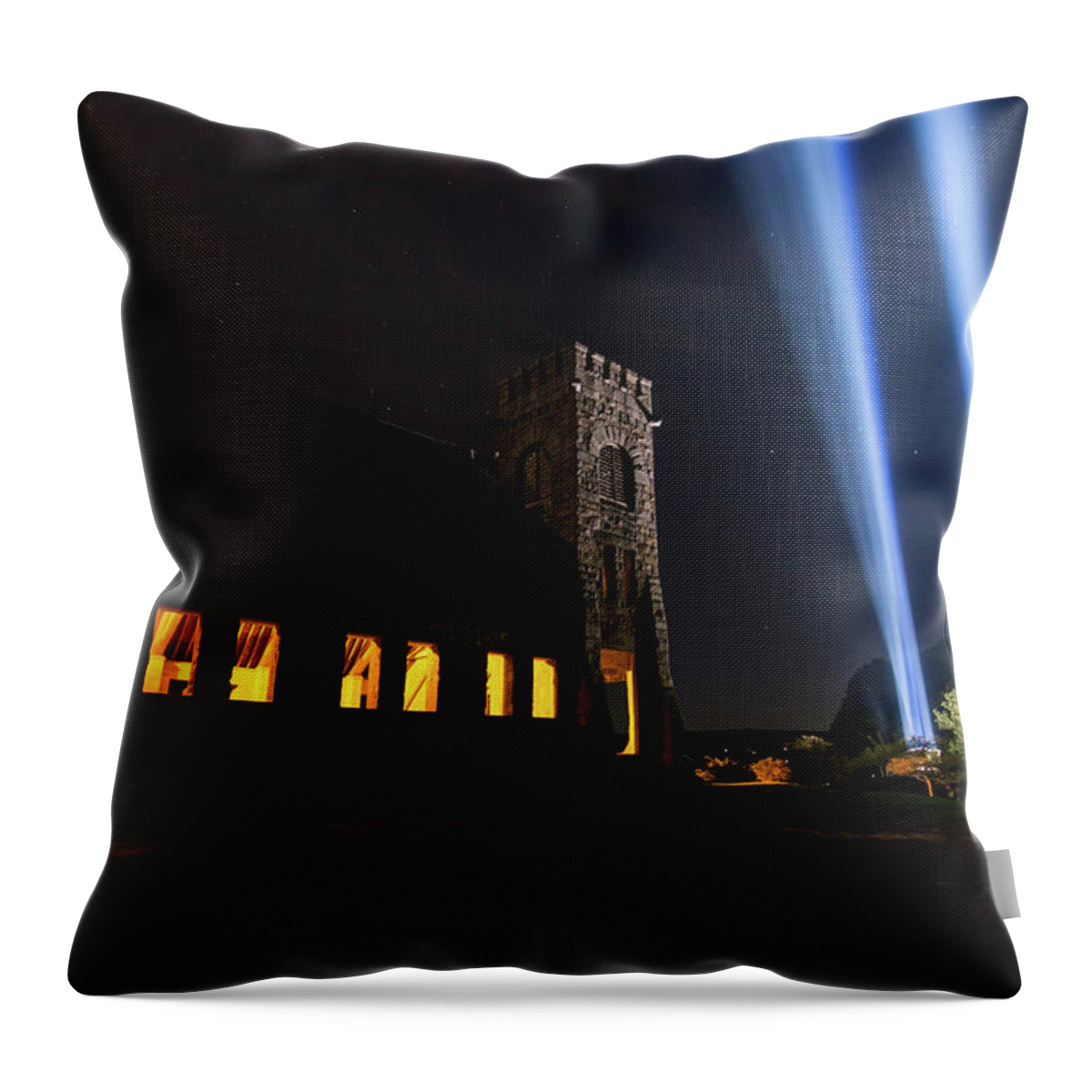 9/11 9-11 911 Nine Eleven Nine-eleven September Eleventh 11 9 West W Boylston Ma Mass Massachusetts Old Stone Church Architecture Lights Beams Light Moon Sky Night Darkness Dark Outside Outdoors Memorial Tribute Trees Wachusett Reservoir New England Newengland U.s.a. Usa Brian Hale Brianhalephoto Clouds Throw Pillow featuring the photograph 9/11 Memorial uo close 2 by Brian Hale