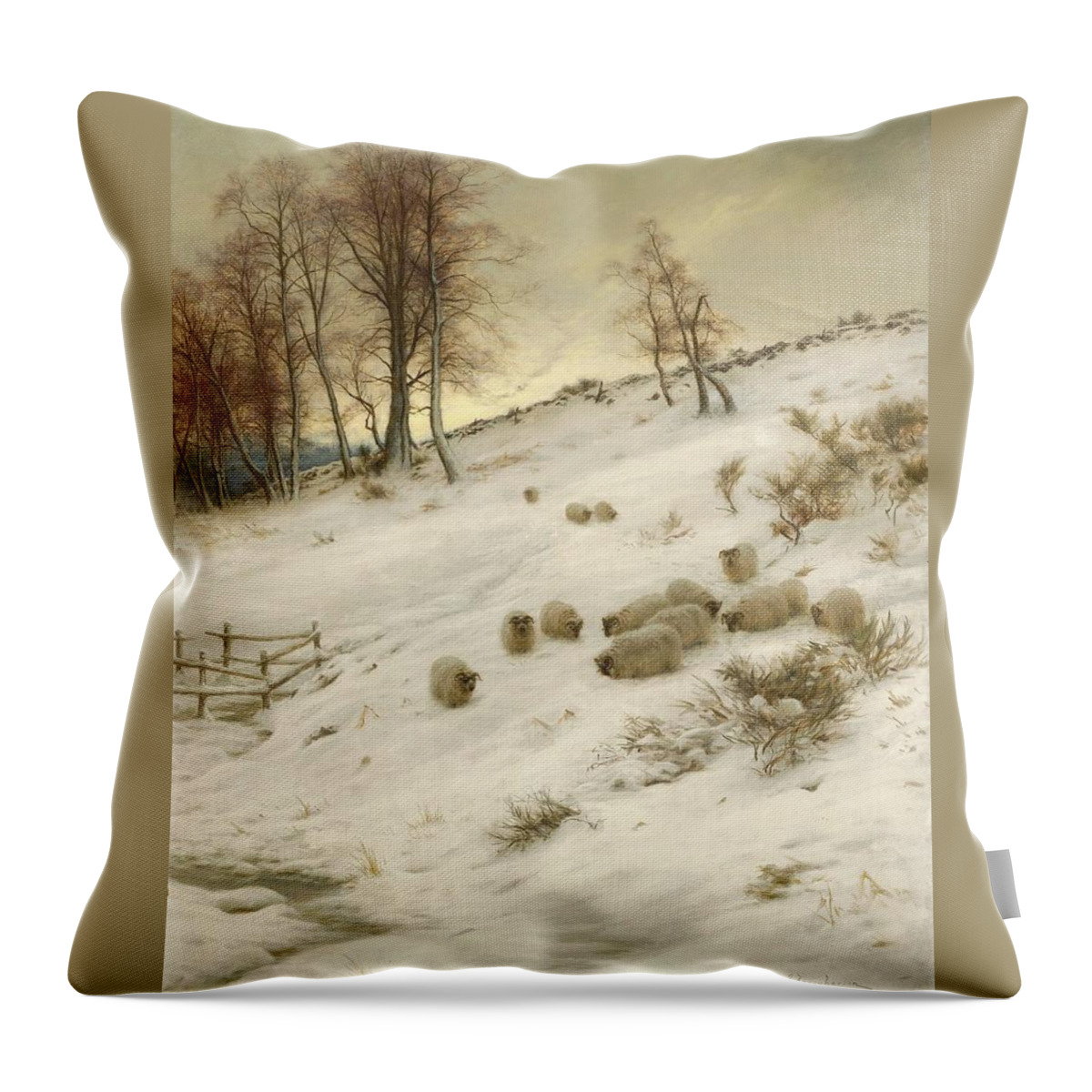 A Flock Of Sheep In A Snowstorm Throw Pillow featuring the painting A Flock of Sheep in a Snowstorm #9 by Joseph Farquharson