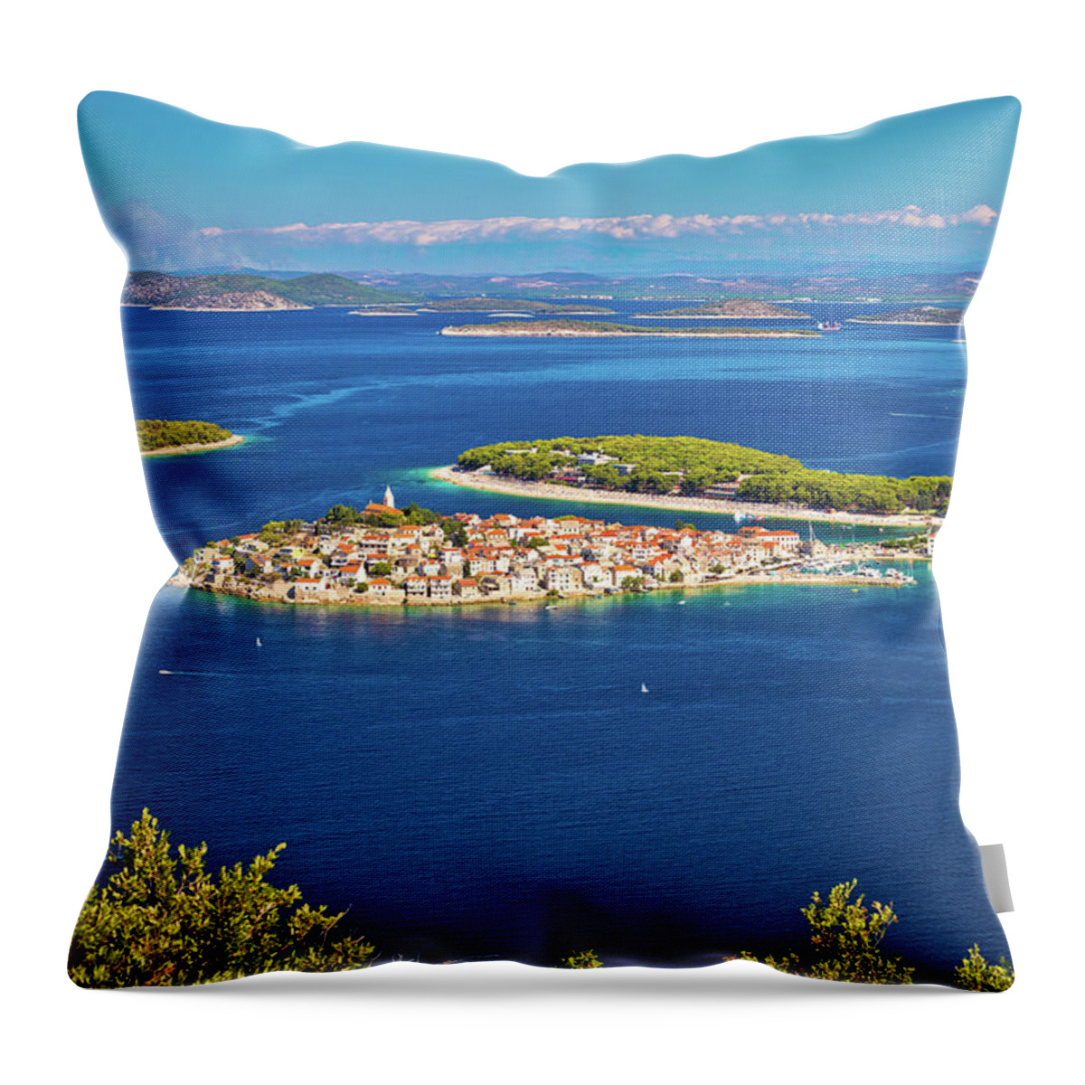 Primosten Throw Pillow featuring the photograph Adriatic tourist destination of Primosten aerial panoramic archi #9 by Brch Photography
