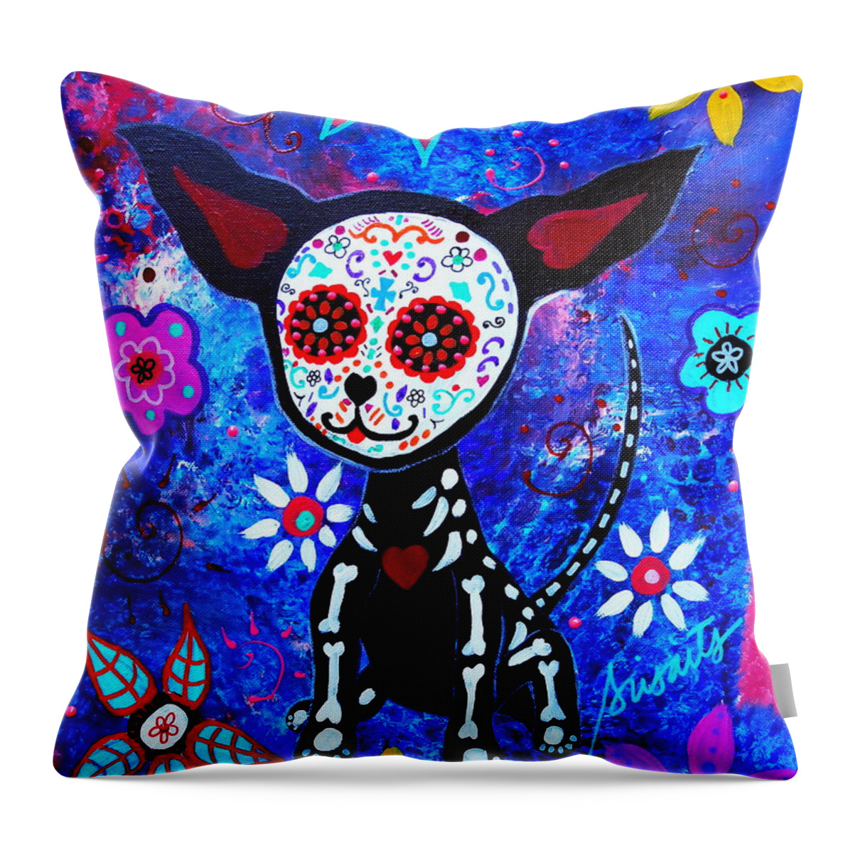 El Perro Throw Pillow featuring the painting Chihuahua Dia De Los Muertos #9 by Pristine Cartera Turkus