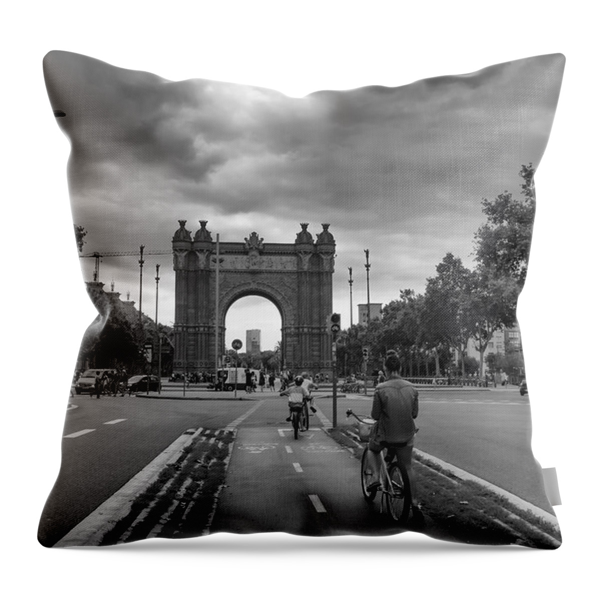 Barcelona Throw Pillow featuring the photograph Barcelona Arc De Triomf Street Scene by Georgia Clare