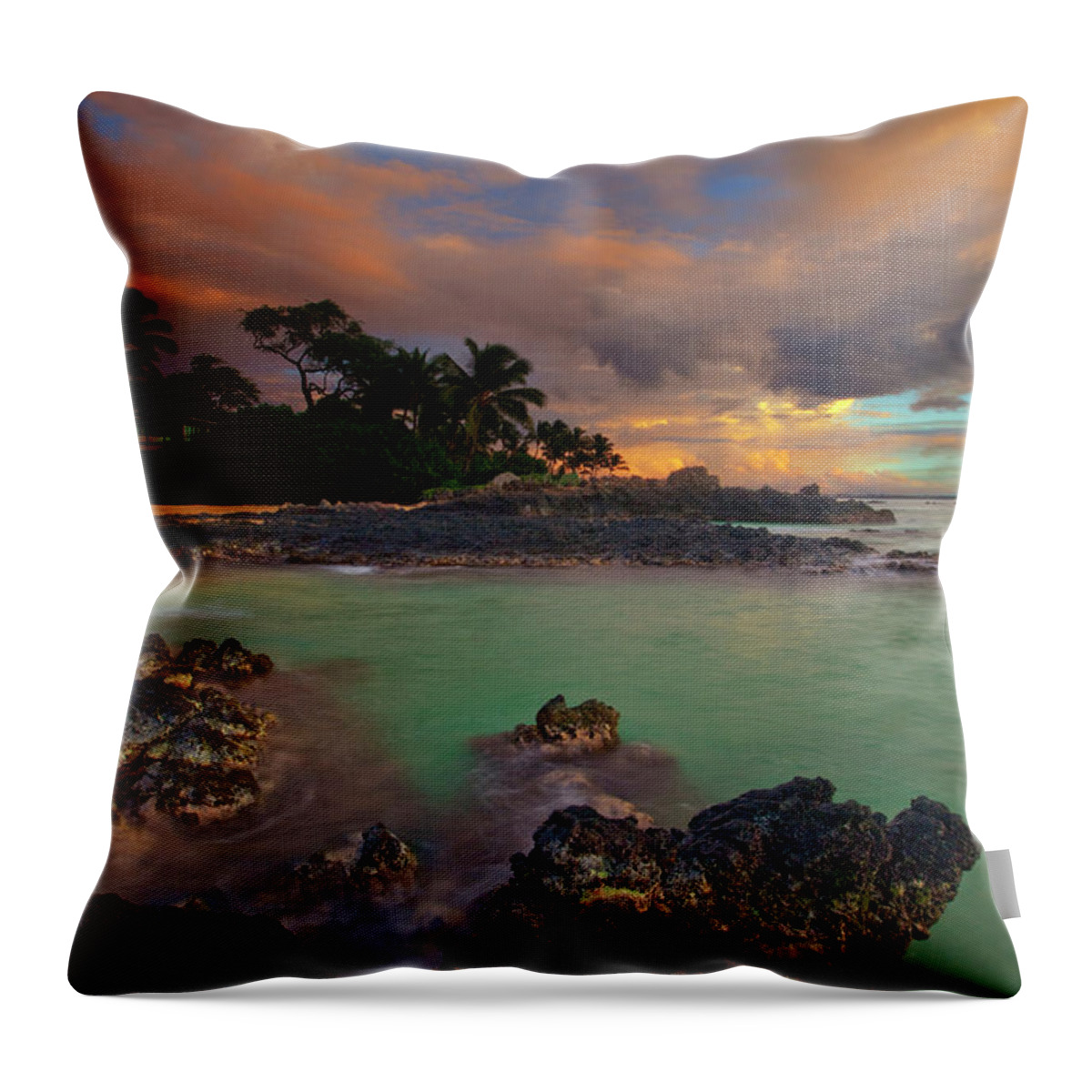 Secret Beach Paako Maui Hawaii Seascape Lava Sunset Clouds Throw Pillow featuring the photograph Secret Beach #9 by James Roemmling