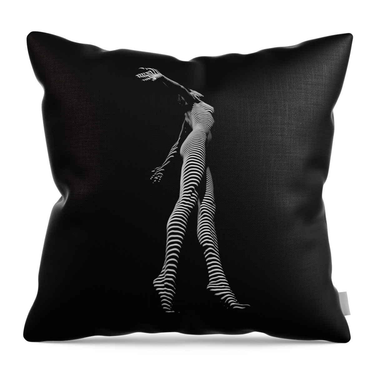 Zebra Throw Pillow featuring the photograph 9825-DJA Black and White Zebra Striped Woman Unique Perspective Fine Art Photograph by Chris Maher by Chris Maher