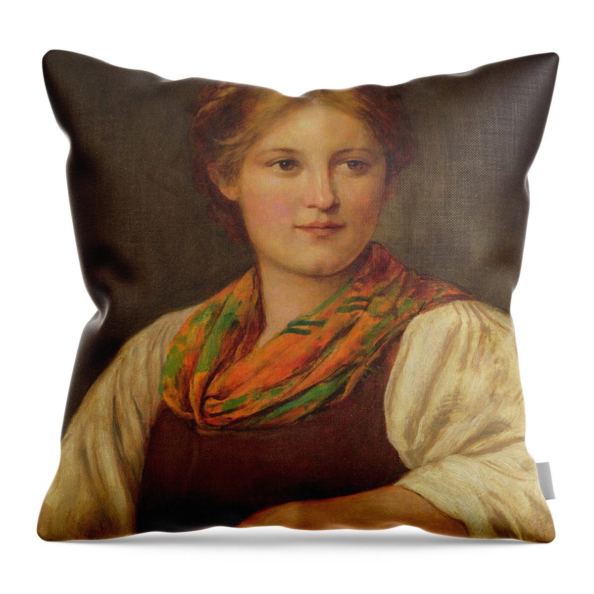 A Bavarian Peasant Girl Throw Pillow featuring the painting A Bavarian Peasant Girl by Franz von Defregger