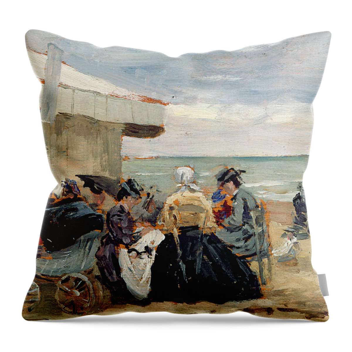 Beach Throw Pillow featuring the painting A Beach Scene by Eugene Louis Boudin