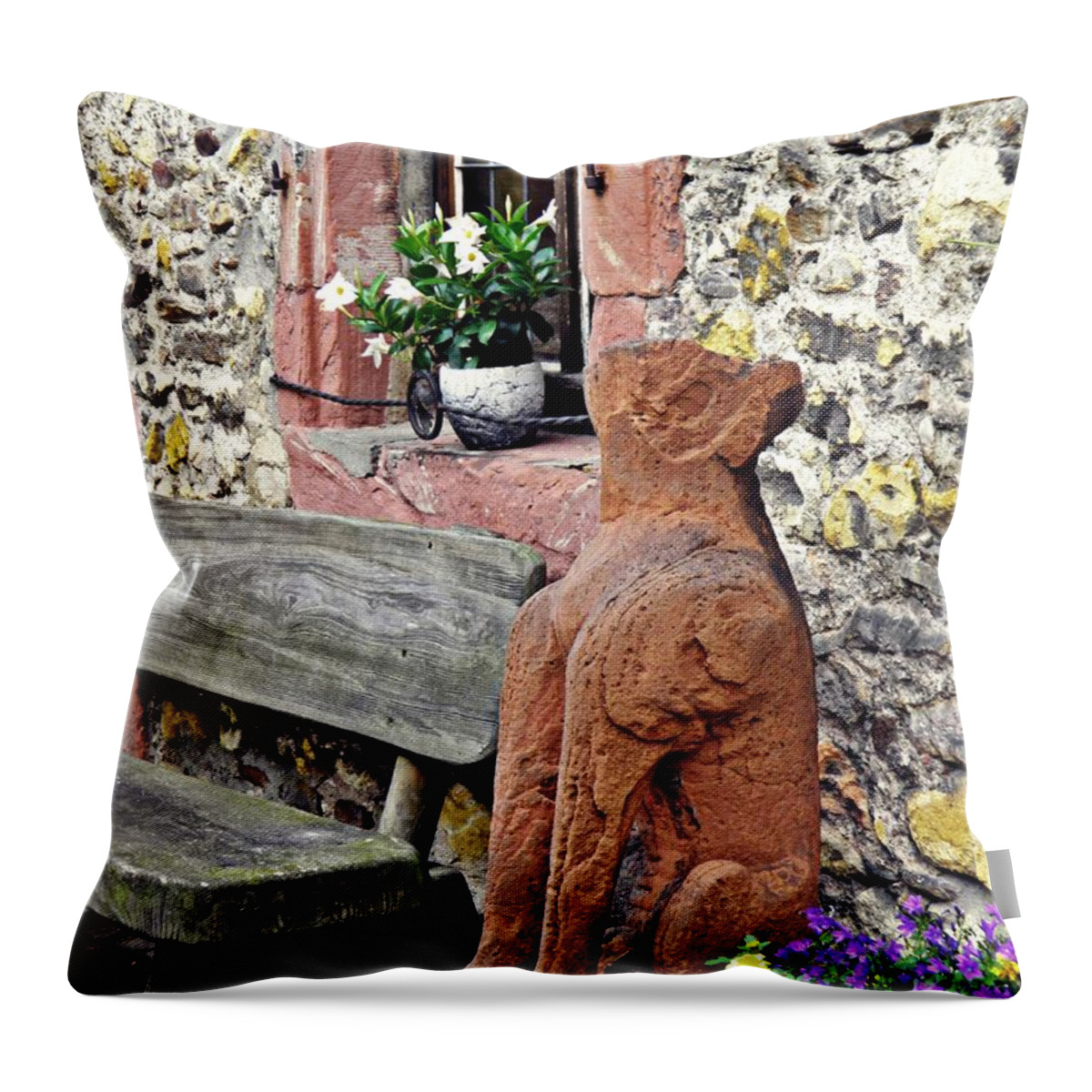 Bench Throw Pillow featuring the photograph A Bench in Eltville 2 by Sarah Loft