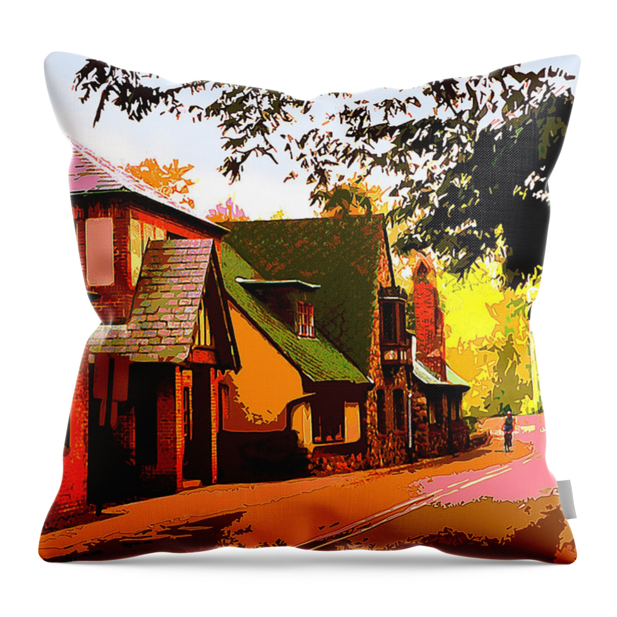 Cityscape Throw Pillow featuring the painting A Bicyclist on English Lane by CHAZ Daugherty