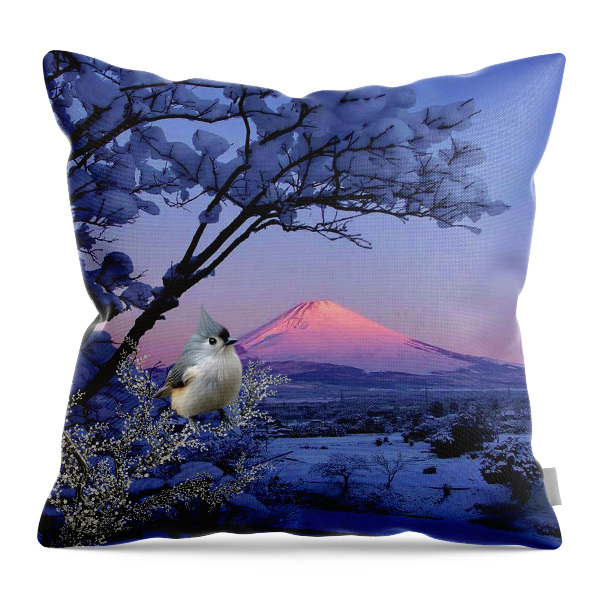 A Bird In Winter Scene Throw Pillow featuring the digital art Tufted Titmouse in winter scene by John Junek
