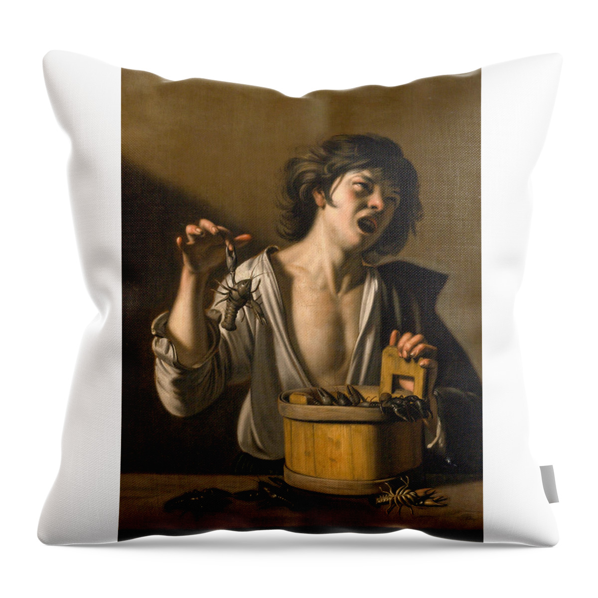 Pensionante Del Saraceni Throw Pillow featuring the painting A Boy being bitten by a Freshwater Crayfish by Pensionante del Saraceni