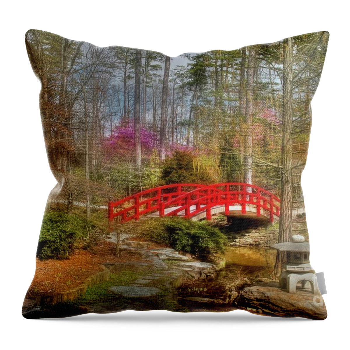 Sarah P. Duke Gardens Throw Pillow featuring the photograph A Bridge to Spring by Benanne Stiens
