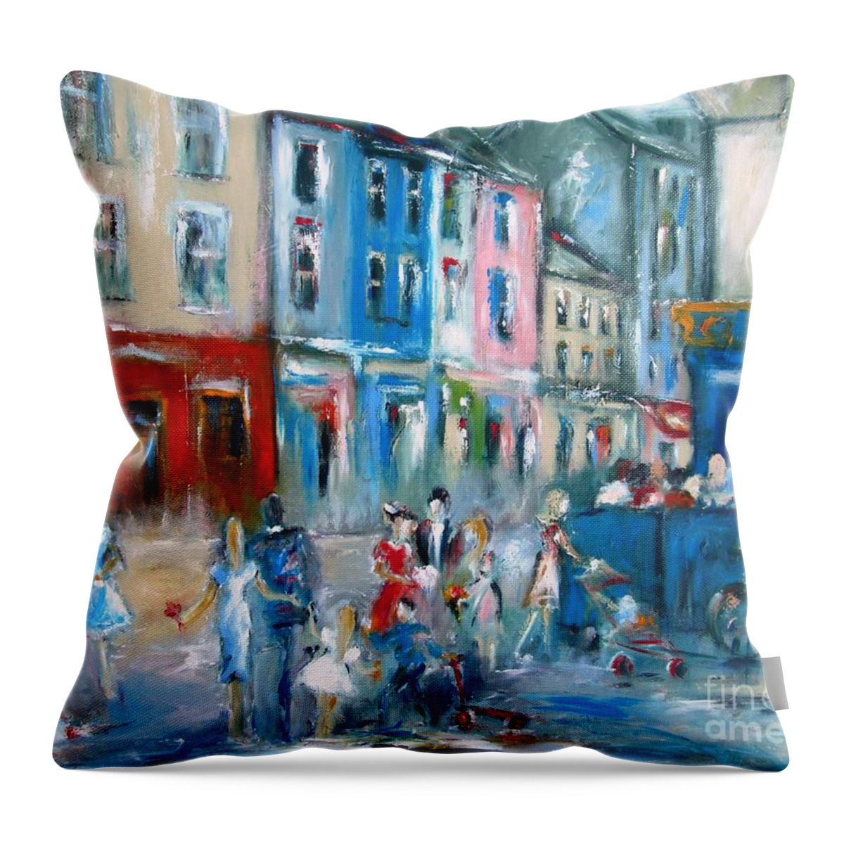 Galway Ireland. Quay Street Galway Ireland Throw Pillow featuring the painting Painting Of Quay Street Galway Ireland #1 by Mary Cahalan Lee - aka PIXI
