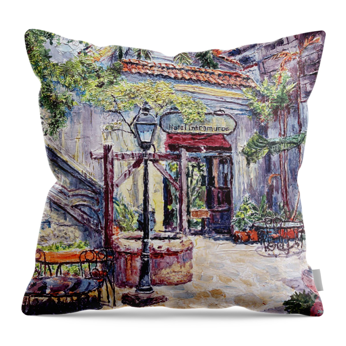 Barbara's Cafe Throw Pillow featuring the painting Cafe by the Hotel, Intramuros, Manila by Joey Agbayani