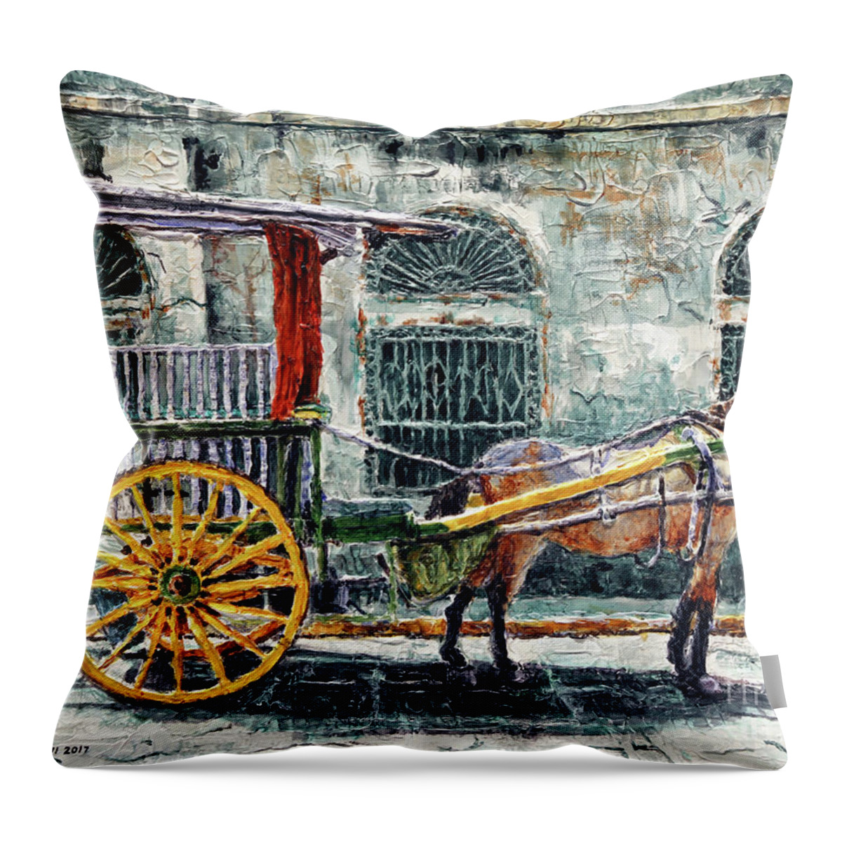 Intramuros Throw Pillow featuring the painting A Carriage in Intramuros, Manila by Joey Agbayani