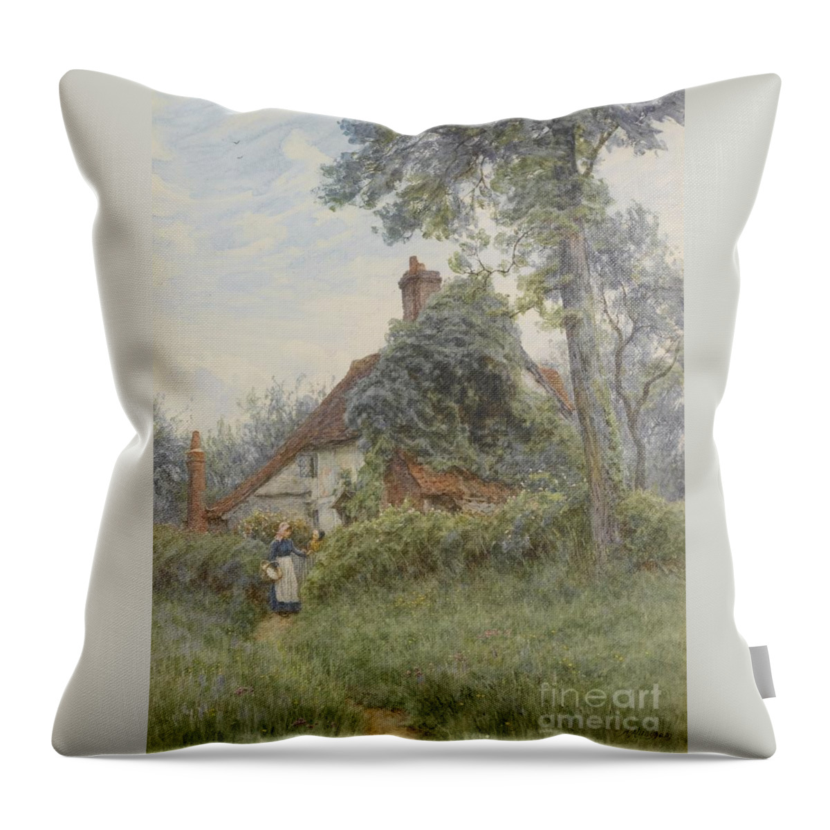 Helen Allingham Throw Pillow featuring the painting A Chat At The Garden Gate by MotionAge Designs