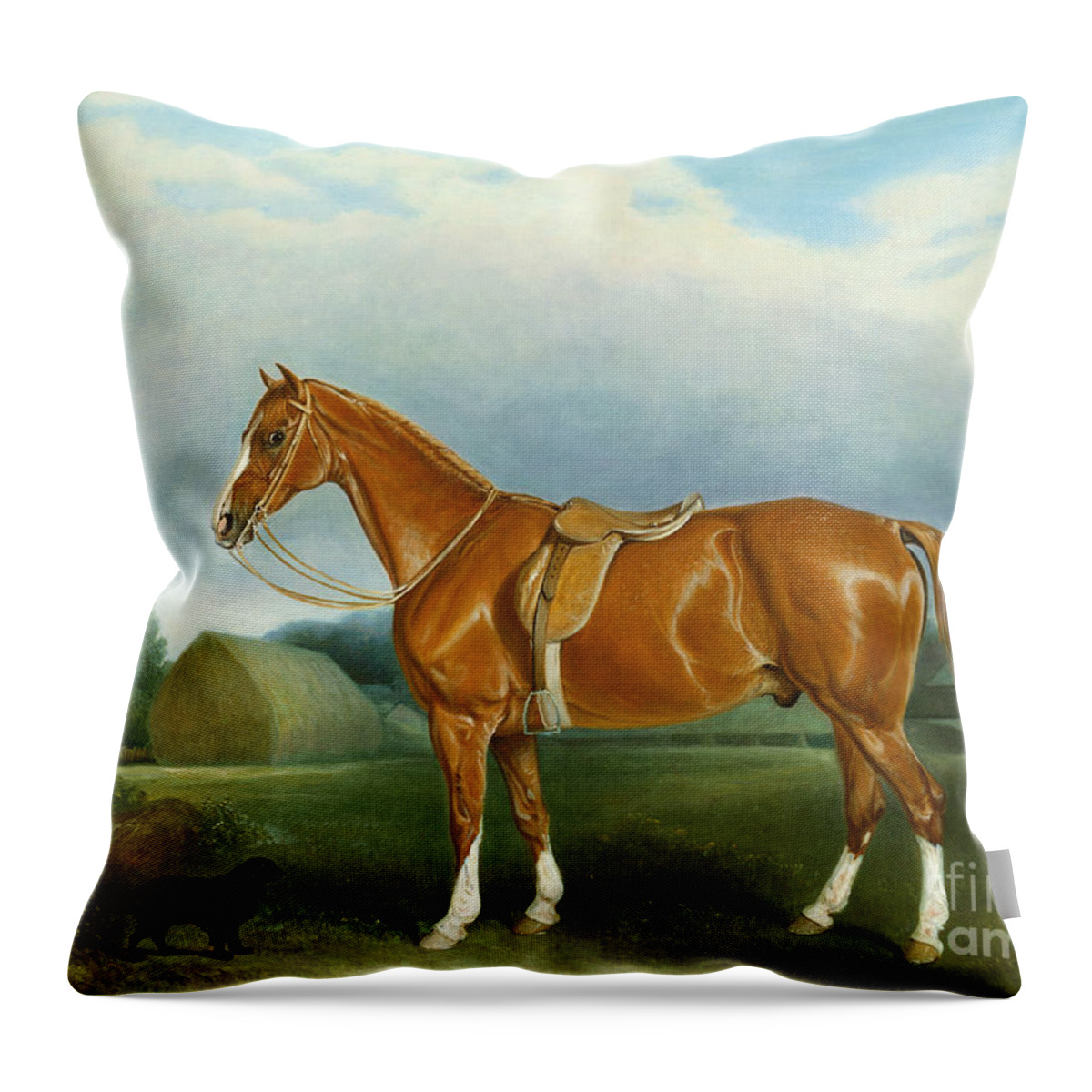 Animal Throw Pillow featuring the painting A Chestnut Hunter and a Spaniel by Farm Buildings by John E Ferneley