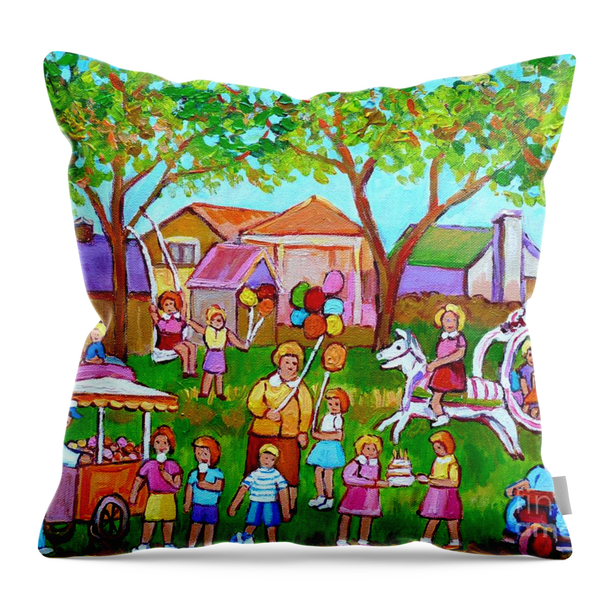 Montreal Throw Pillow featuring the painting A Child's Birthday Party Backyard Fun Canadian Paintings Carole Spandau by Carole Spandau
