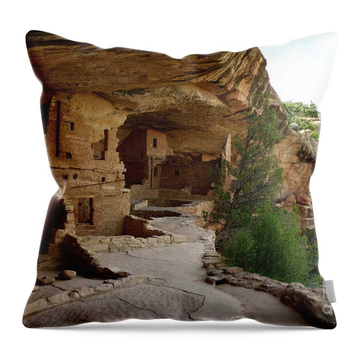 Mesa Throw Pillow featuring the photograph A Cliff Dwelling - Balcony House Mesa Verde by Christiane Schulze Art And Photography