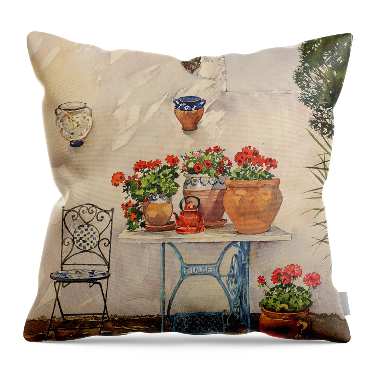  Throw Pillow featuring the painting A Corner of Utes Garden by Margaret Merry