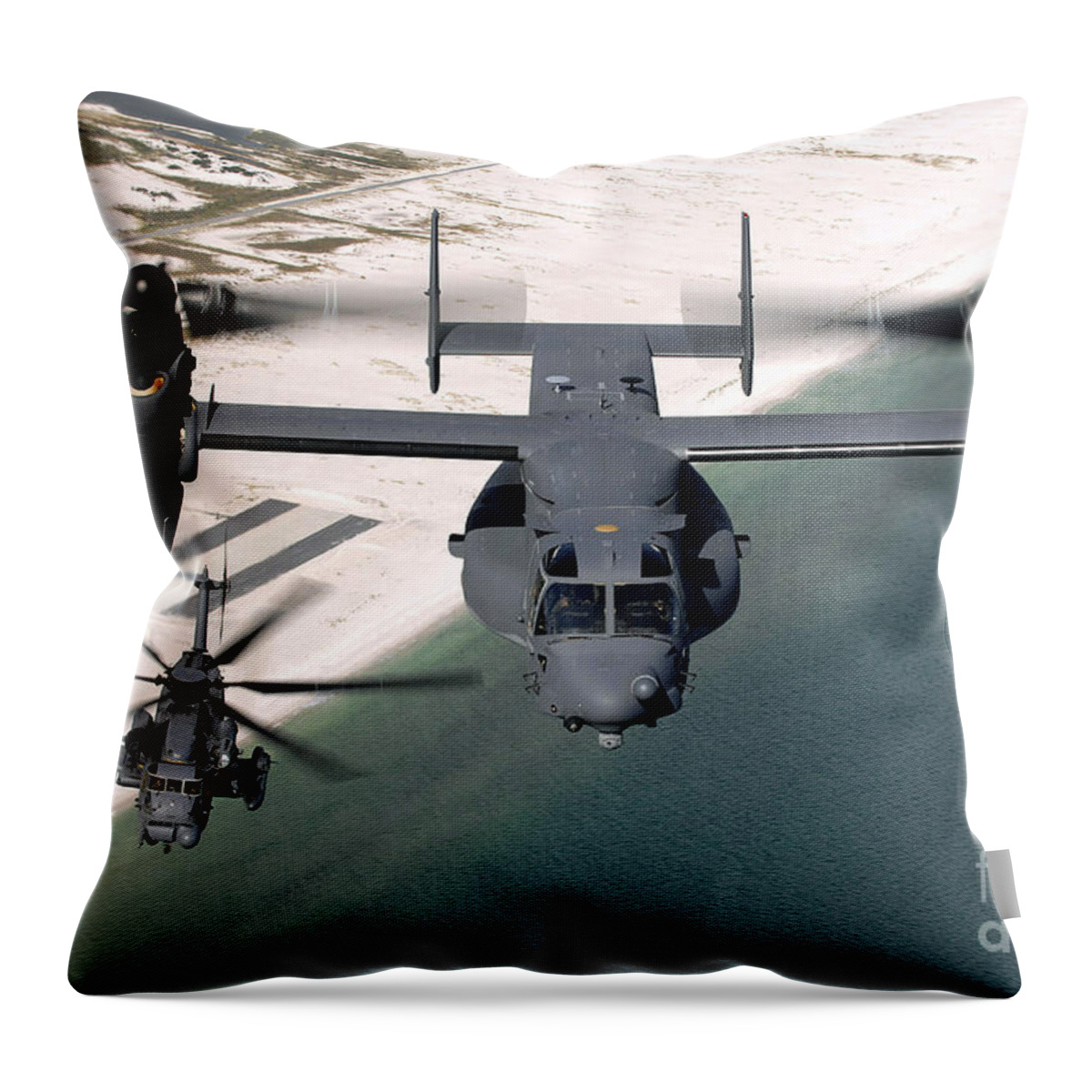 Airborne Throw Pillow featuring the photograph A Cv-22 Osprey And An Mh-53 Pave Low by Stocktrek Images