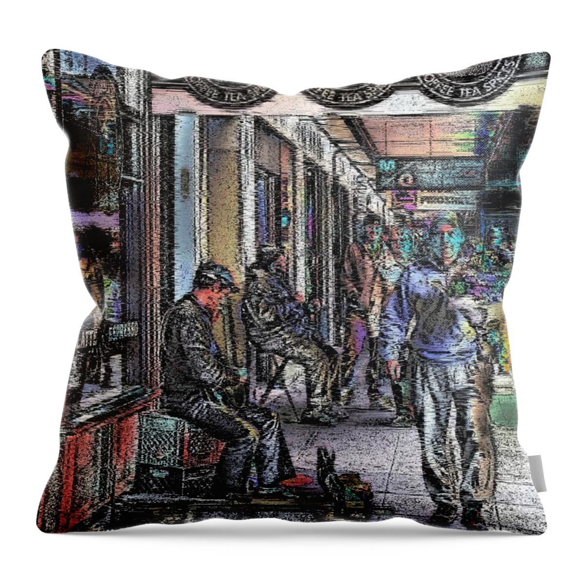 Market Throw Pillow featuring the digital art A Day At The Market by Tim Allen