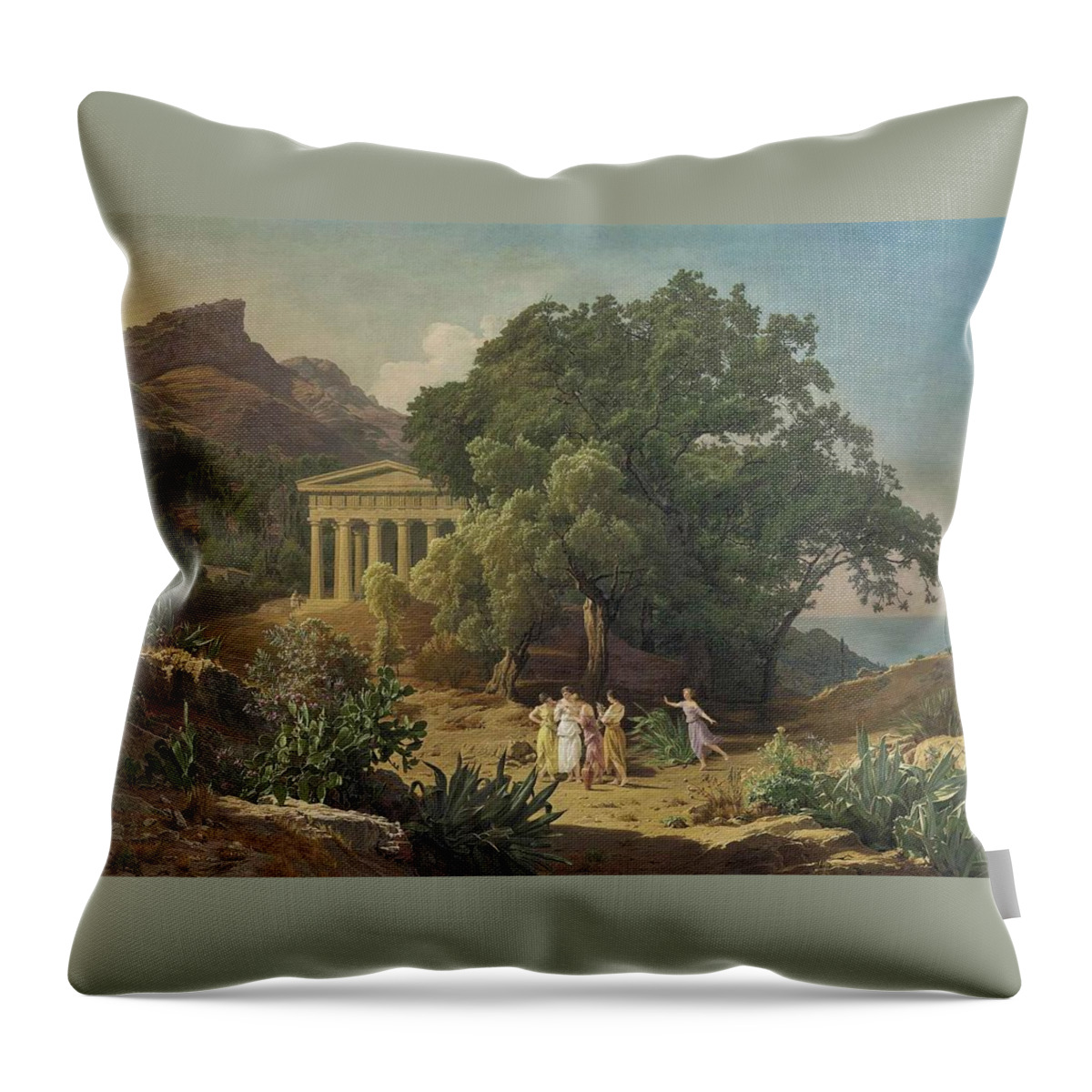 Ferdinand Georg Waldmuller Throw Pillow featuring the painting A Doric temple in Sicily with Castelmola by Georg Waldmuller