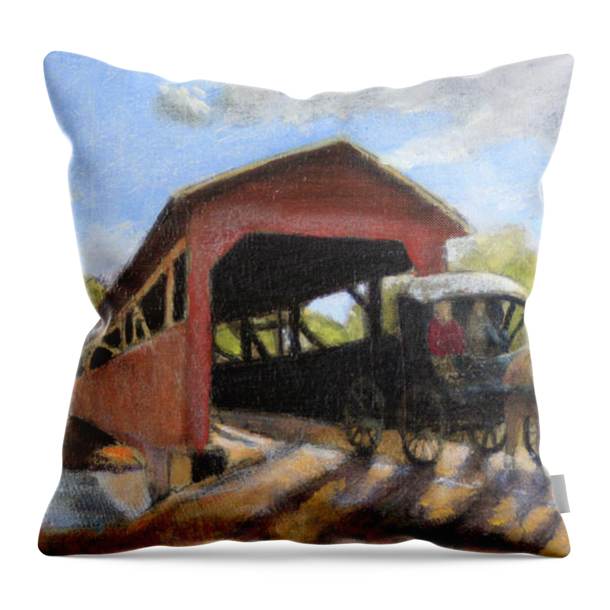 Covered Bridge Throw Pillow featuring the painting A Fondness for Driving by David Zimmerman