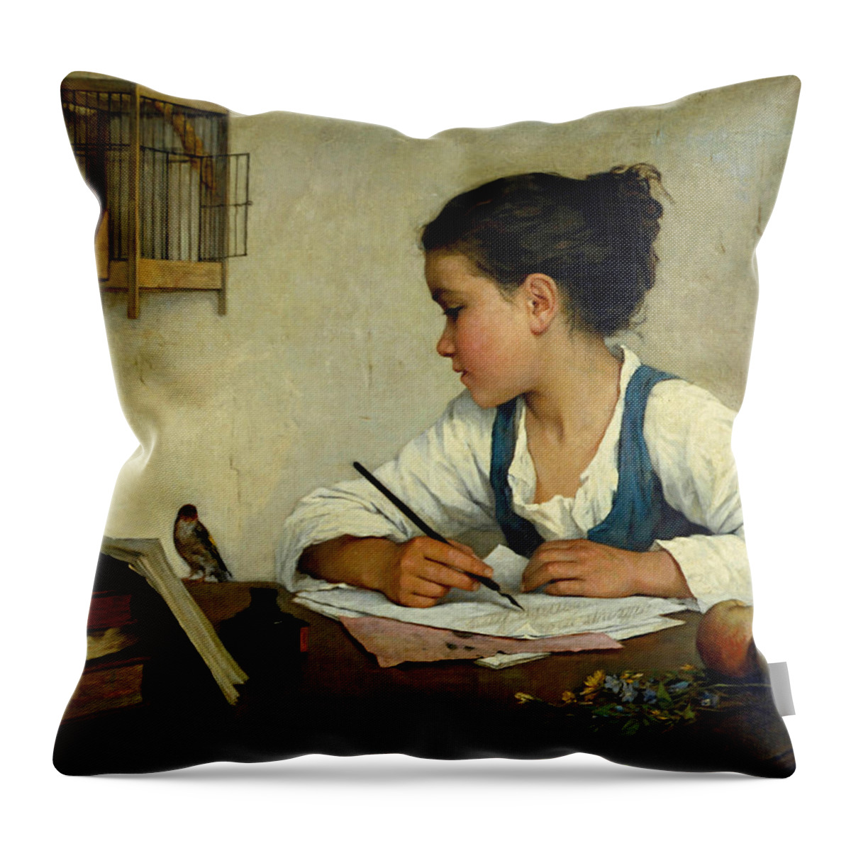 Henriette Browne Throw Pillow featuring the painting A Girl Writing. The Pet Goldfinch by Henriette Browne