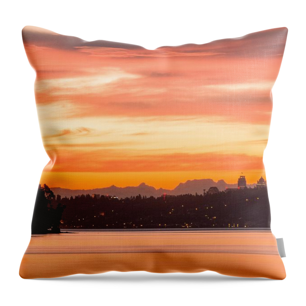 Sunrise; Orange Sky; Sun Reflected In Clouds; West Seattle; Blake Island; Yukon Harbor; Puget Sound; Cascade Mountains; Silhouettes; Shimmering Waters; Calm Waters; A Glaze Of Orange; E Faithe Lester; Faithe Lester; Faith Lester Throw Pillow featuring the photograph A Glaze of Orange by E Faithe Lester