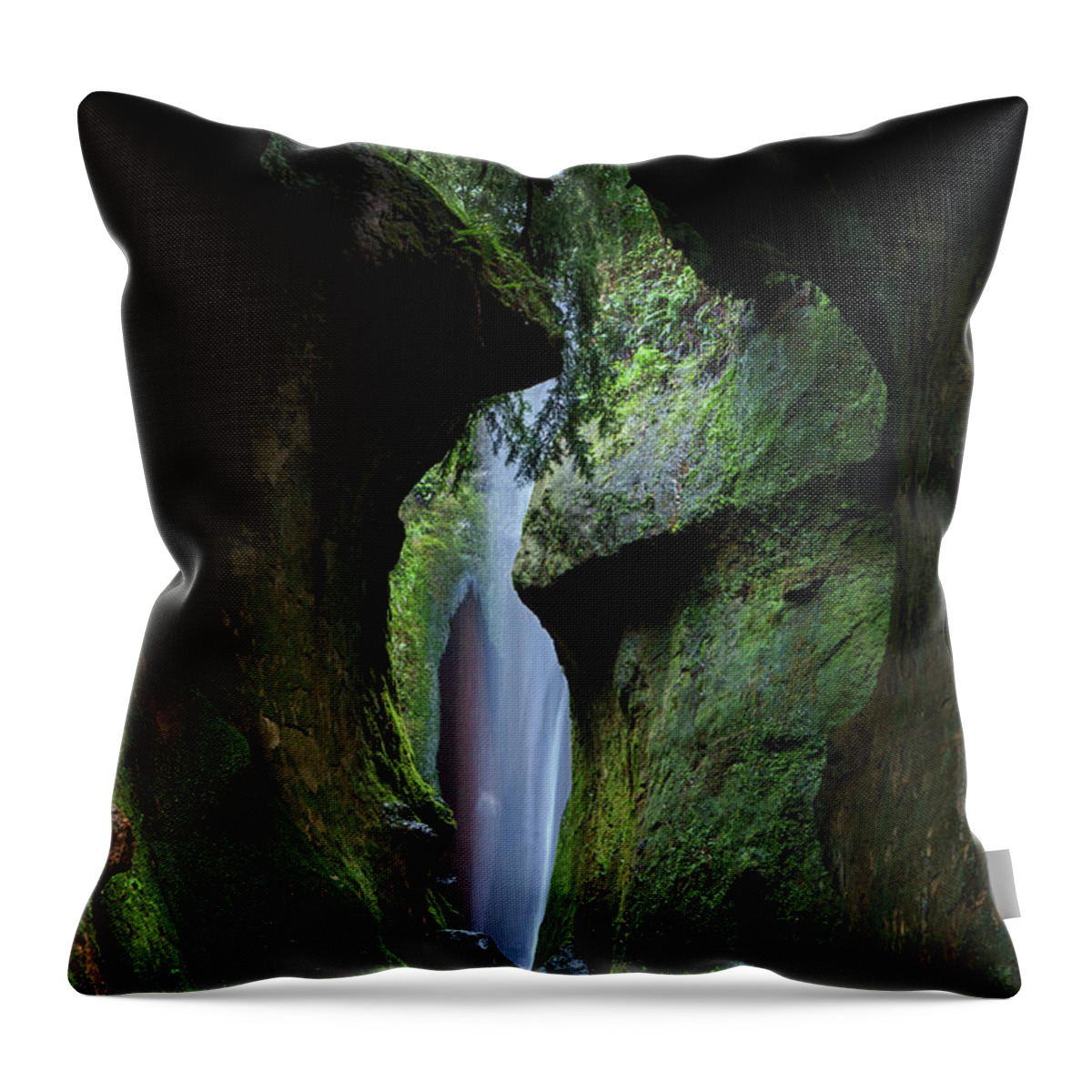 Sombrio Beach Waterfall Throw Pillow featuring the photograph A Green Grotto by Inge Riis McDonald