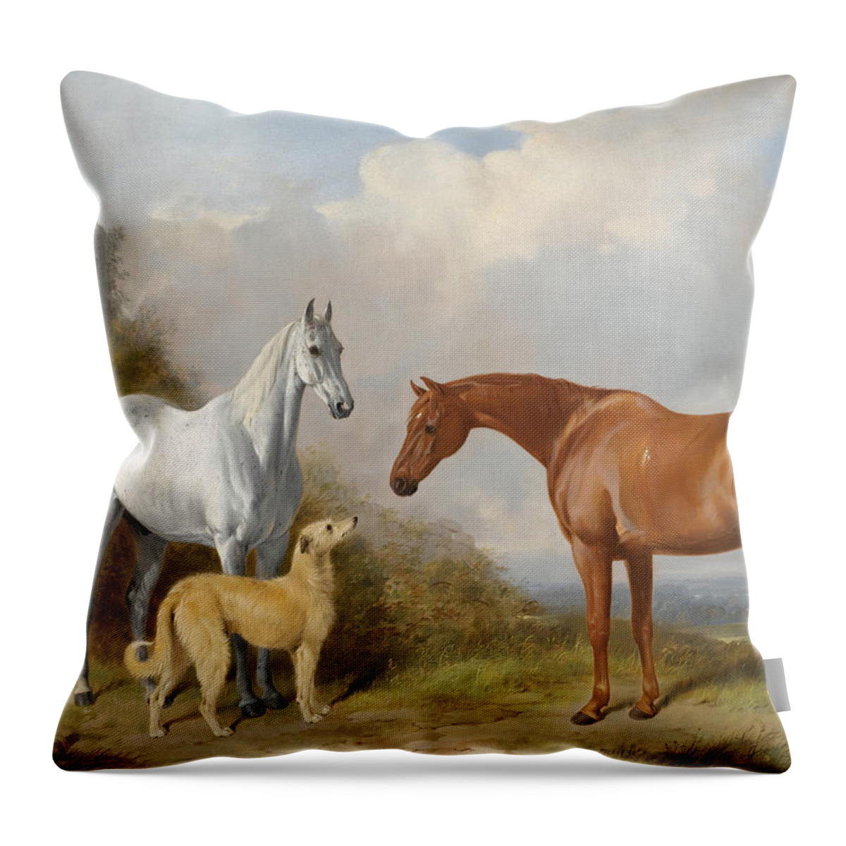  William Barraud Throw Pillow featuring the painting A Grey and a chestnut hunter with a deerhound by William Barraud