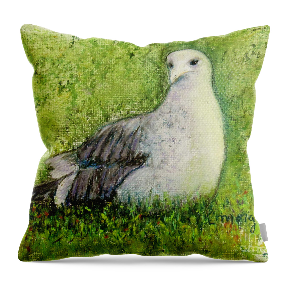 Bird Throw Pillow featuring the painting A Gull On The Grass by Laurie Morgan
