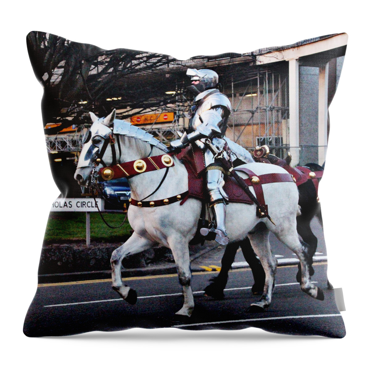 Knight Throw Pillow featuring the painting A Knight on the Town by Tom Conway