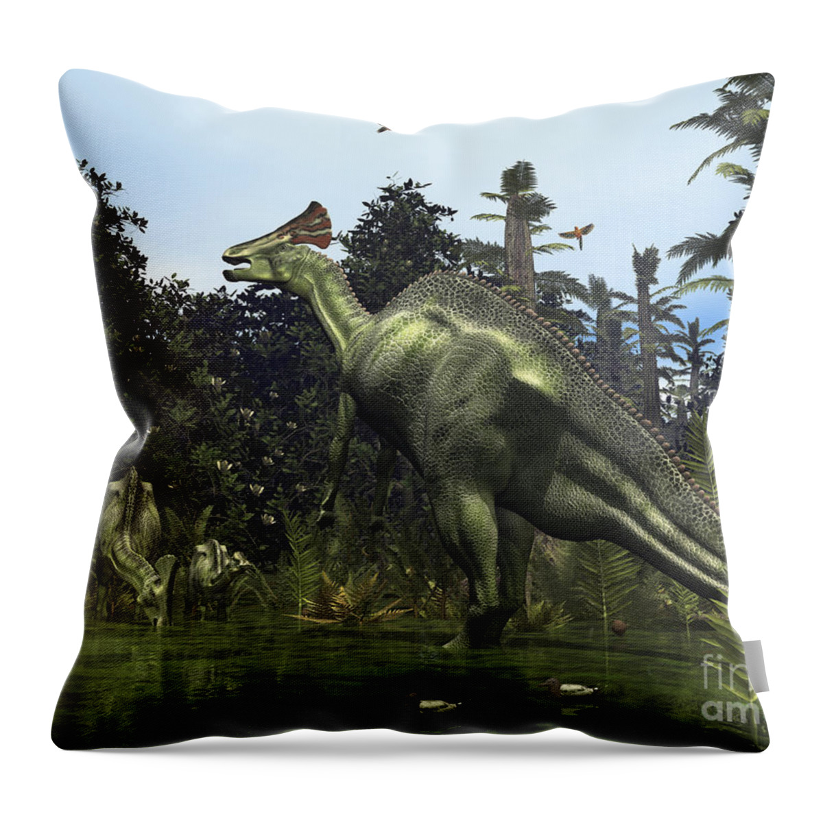 Earth Throw Pillow featuring the digital art A Lambeosaurus Rears Onto Its Hind Legs by Walter Myers
