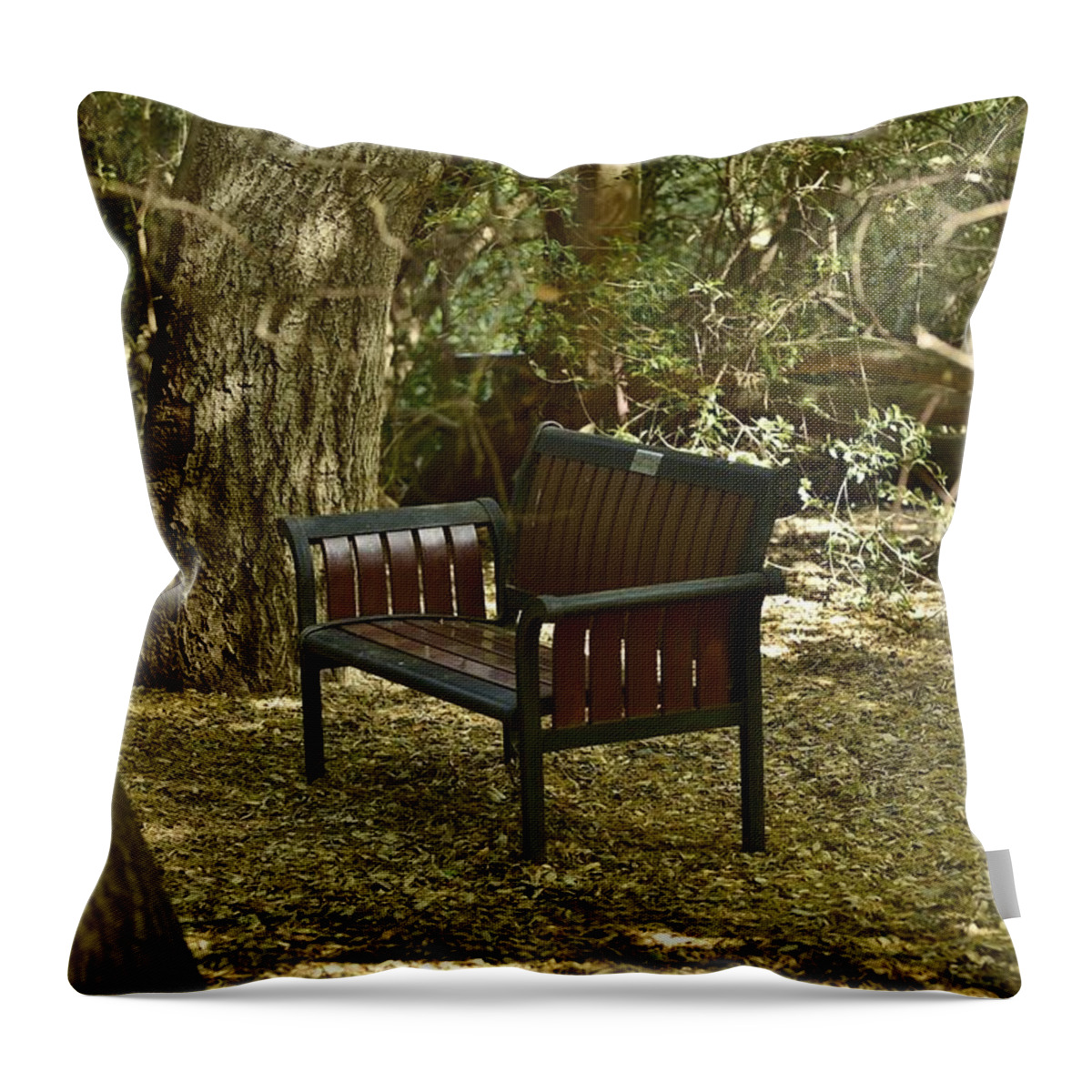 Linda Brody Throw Pillow featuring the photograph A Lovely Bench At Tucker Wildlife Sanctuary by Linda Brody