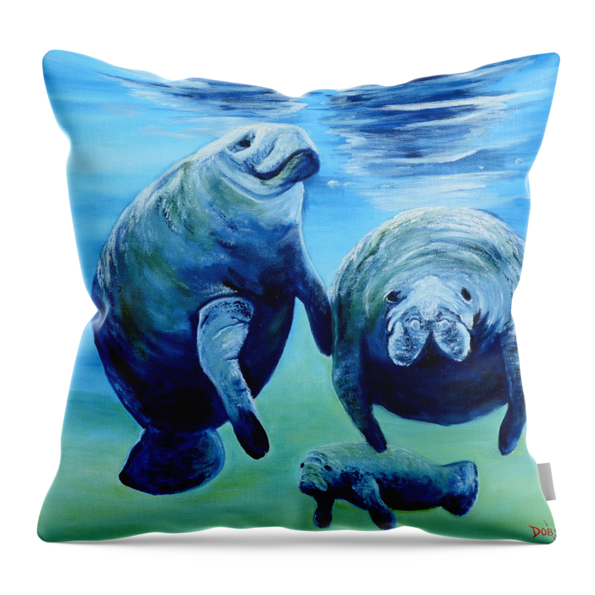 Manatee Throw Pillow featuring the painting A Manatee Family by Lloyd Dobson