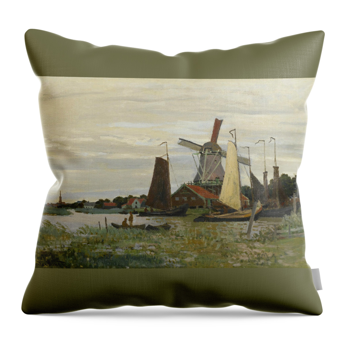 French Art Throw Pillow featuring the painting A Mill in Zaandam by Claude Monet