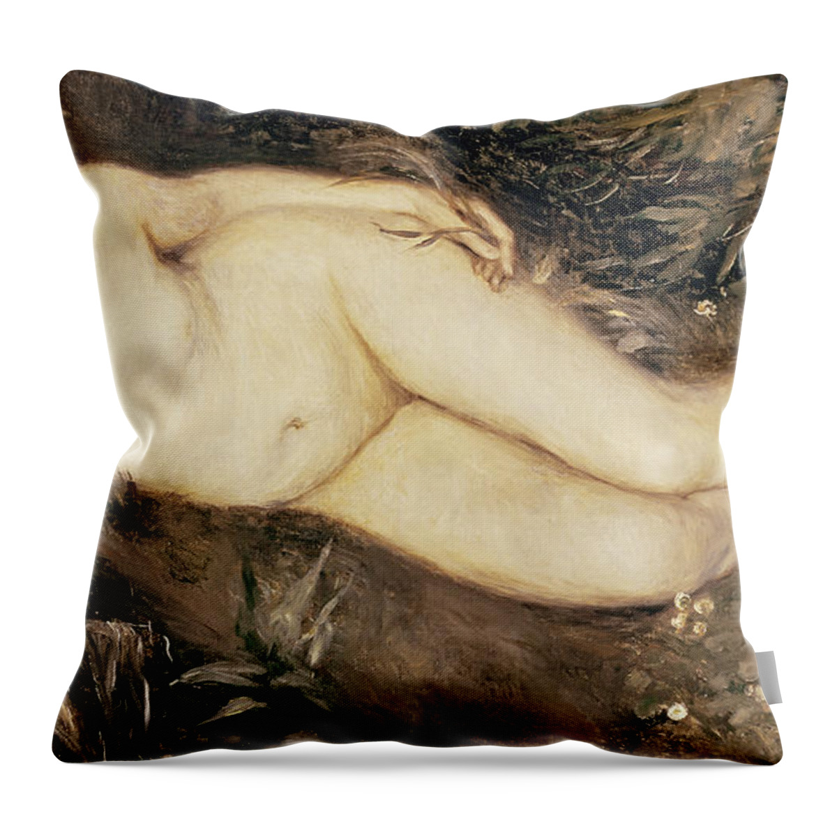A Nymph By A Stream Throw Pillow featuring the painting A Nymph by a Stream by Pierre Auguste Renoir 