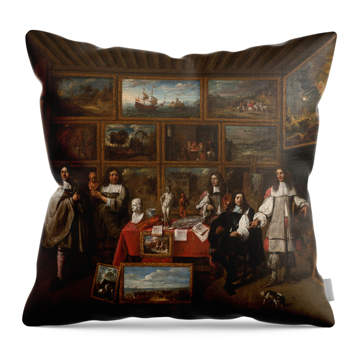 Gillis Van Tilborgh Throw Pillow featuring the painting A Picture Gallery by Gillis van Tilborgh
