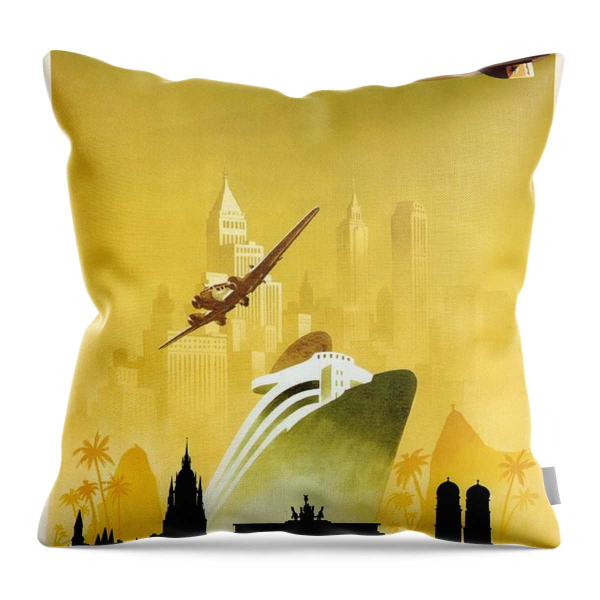 Germany Throw Pillow featuring the photograph A Pleasant Trip To Germany - Airship, Aircraft, Ship - Retro travel Poster - Vintage Poster by Studio Grafiikka