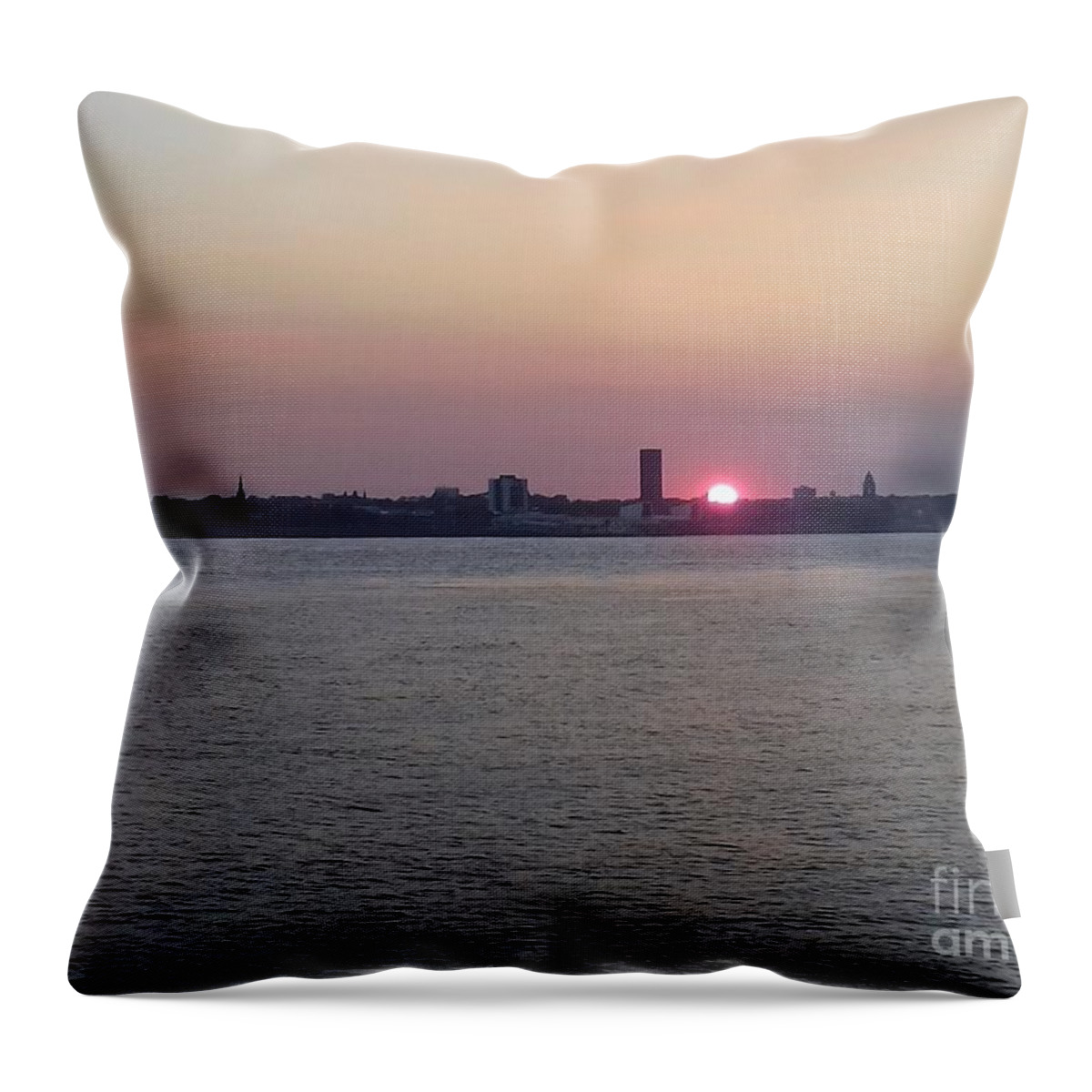 The River Mersey Throw Pillow featuring the photograph A Quiet Sunset Over The River Mersey by Joan-Violet Stretch