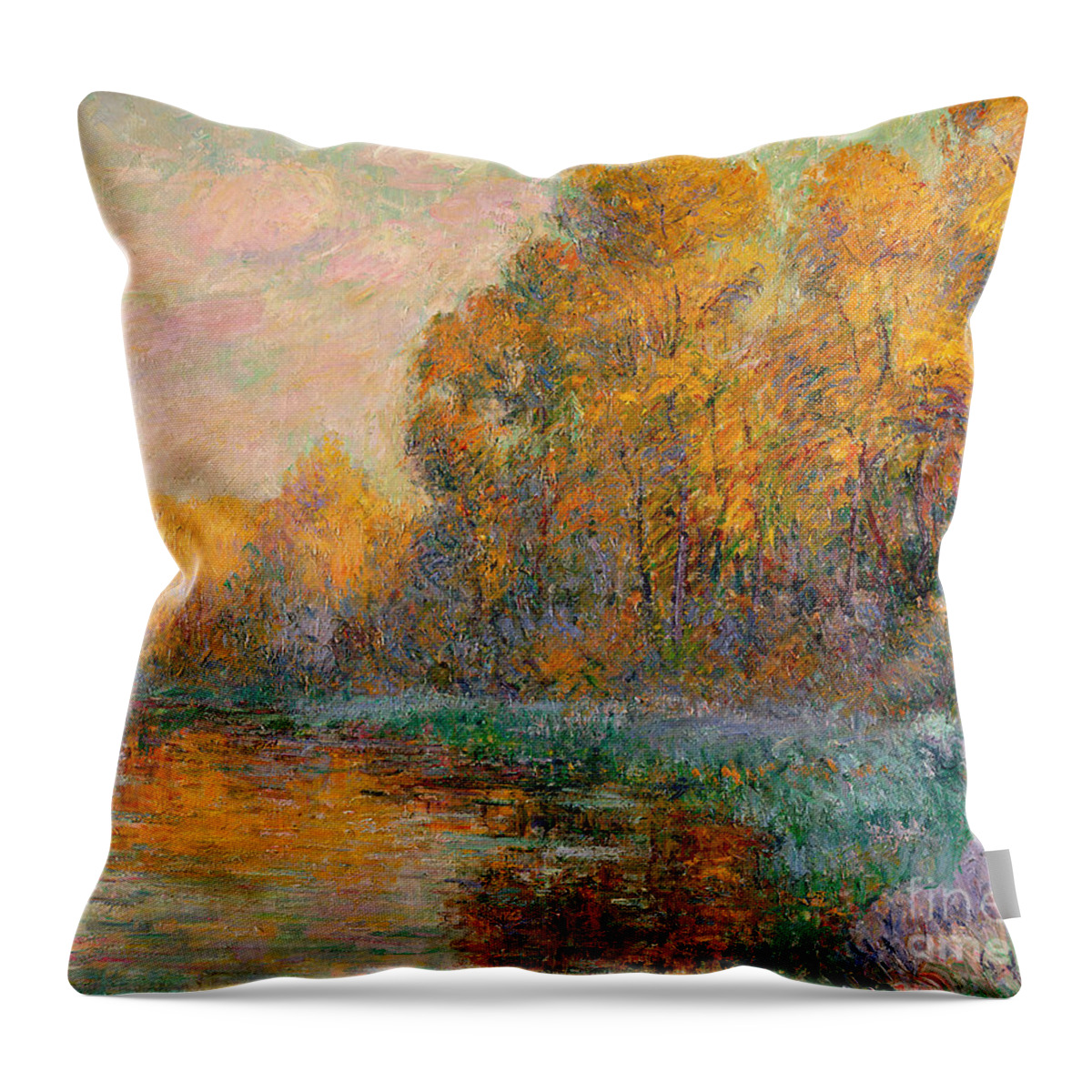 River Throw Pillow featuring the painting A River in Autumn, 1909 by Gustave Loiseau by Gustave Loiseau