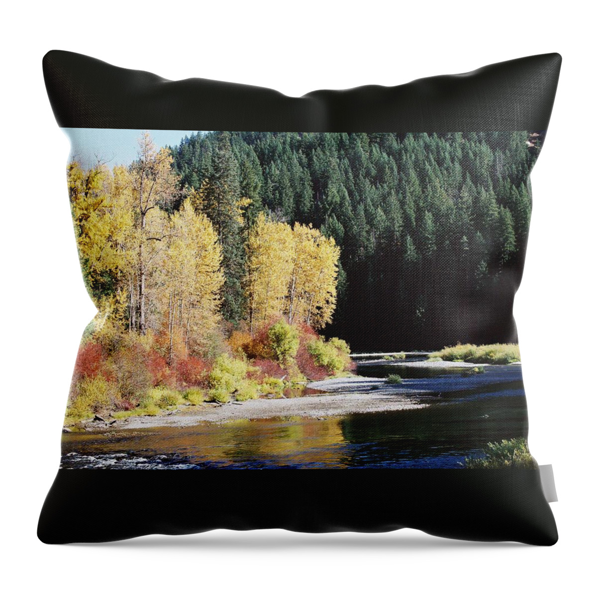 Autumn Throw Pillow featuring the photograph A river runs past it by Frank Larkin